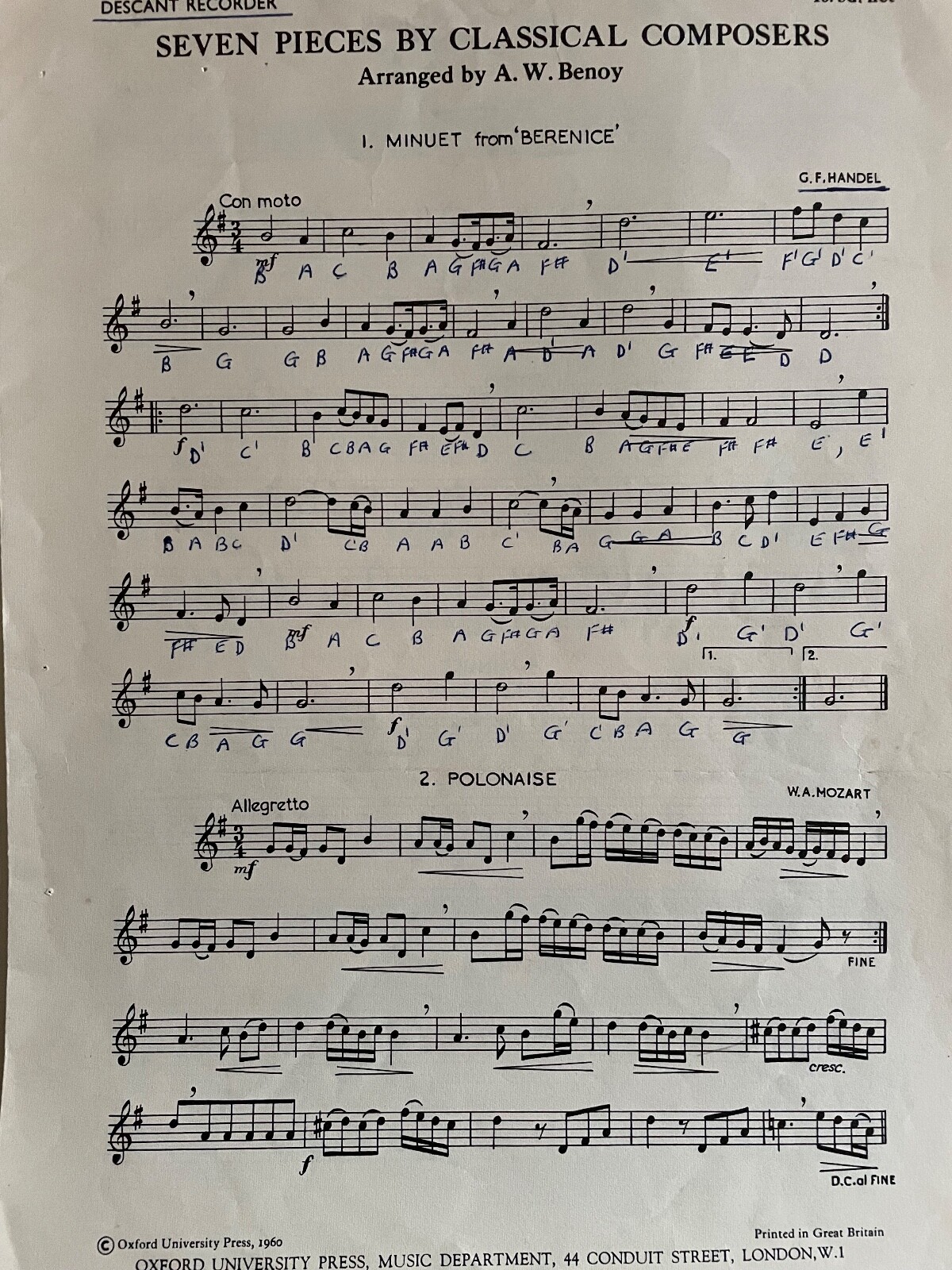 Recorder Music Book 7 Pieces by Classical Composers for descant