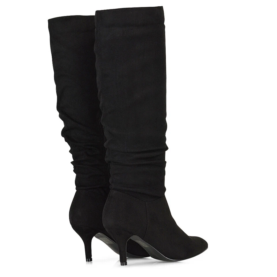 Womens Mid Heel Pointed Toe Boots Ladies Ruched Zip Up Party Knee High Booties - Image 3 of 4