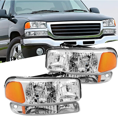 For 1999-2006 GMC Sierra/ 00-06 Yukon 4Pcs Factory Chrome Headlights+Bumper Lamp
