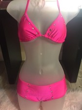 Stripper Neon Bright Rich Pink Crystal Bikini Top And Booty Shorts