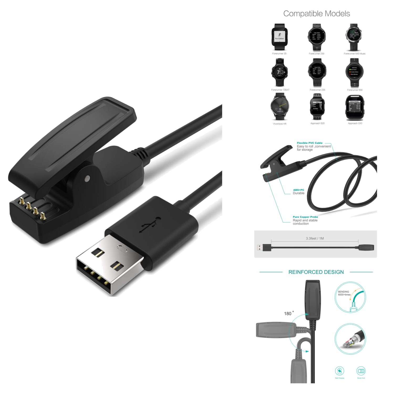 Garmin Forerunner 35 35J 230 235 630 645 Music 735XT Charger Cable