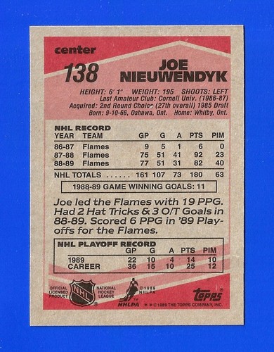 1989-90 Topps HOCKEY #138 JOE NIEUWENDYK NRMINT+ HOF CALGARY FLAMES (TM1) - Picture 2 of 2