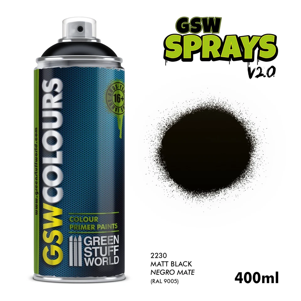 GREEN STUFF WORLD SPRAY Couleurs Noir mat 400ml - Aérosol vaporisateur wargames