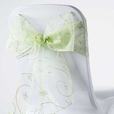 10 Apple Green Embroidered Organza CHAIR SASHES Ties Bows Wedding Party SALE