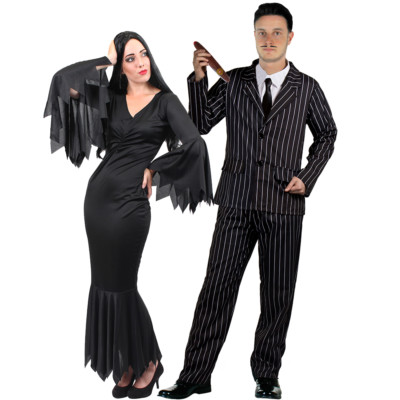 COUPLES GOTHIC CHARACTER COSTUME WOMENS BLACK DRESS MENS STRIPED