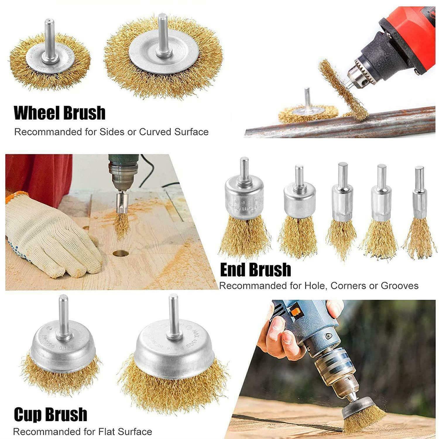 9Pcs Brass Coated Wire Cleaning Wheel Cup Brush Drill Attachment Bit