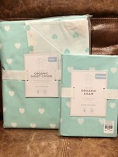 NEW Pottery Barn Kids Organic Heart Twin Duvet Cover  Standard Sham, Aqua/White