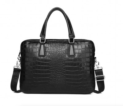 Men's Genuine Leather Shoulder Bag with Elegant Crocodile Pattern - Black