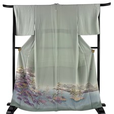 JAPANESE KIMONO IROTOMESODE LIGHT GREEN 166cm 5 ft 5 in PURE SILK B2510