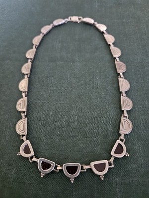 Unique Vintage Sterling  Necklace With Red Carnelian Inlay And Etched Panels