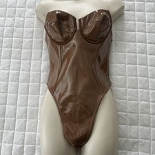 House of CB Bodysuit Womens Small Coffee Ottavia Patent Vinyl Strapless Tags
