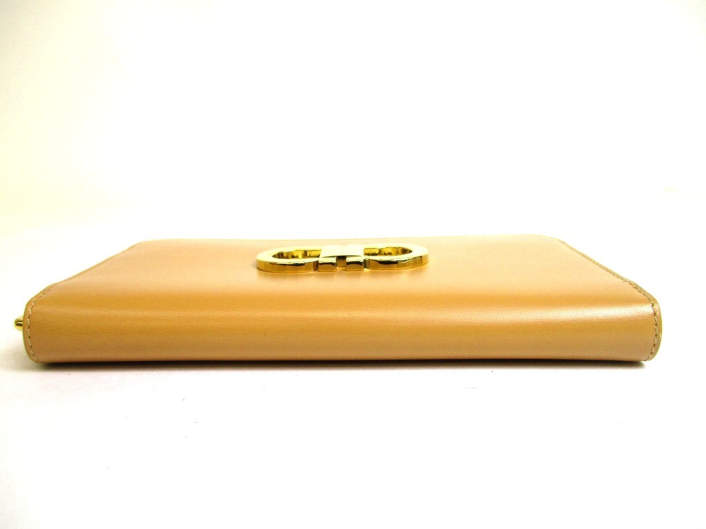 Auth Salvatore Ferragamo Gancini Light Camel Leather Round Zip Wallet #b134 image 5