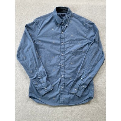 J.Crew Mens Medium Button Down Shirt Blue Yellow Biplane Airplane Embroidery