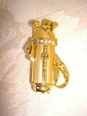 AJC Gold Tone Clear Rhinestone Golf Club Bag Pin Brooch KJ