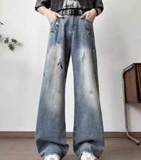 Men's Blue Floral Printed Denim Jeans Straight Leg Punk Hip Hop Trousers Pants