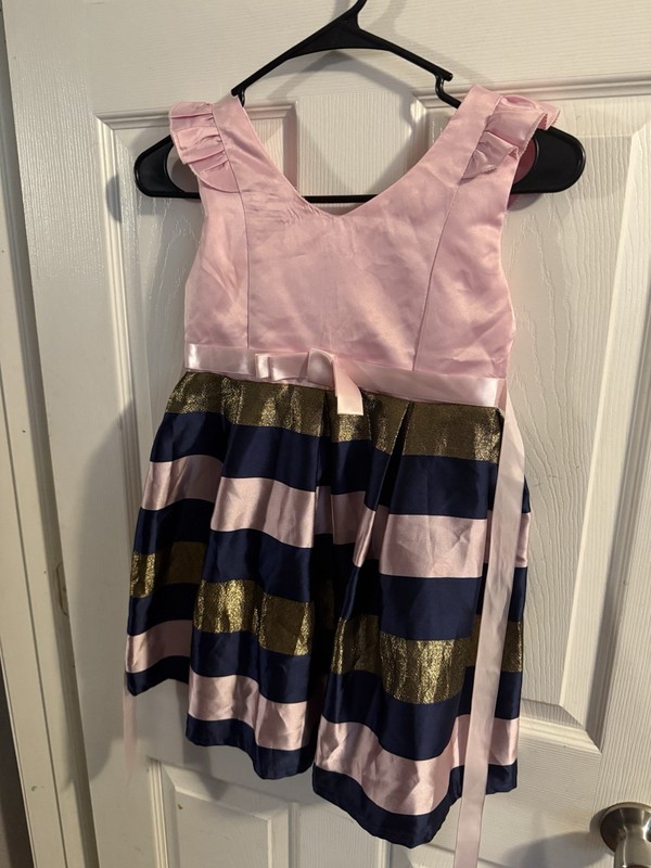 Girls Pink & Navy Blue Striped Party Dress Gold Metallic Accents Size 8 (130)