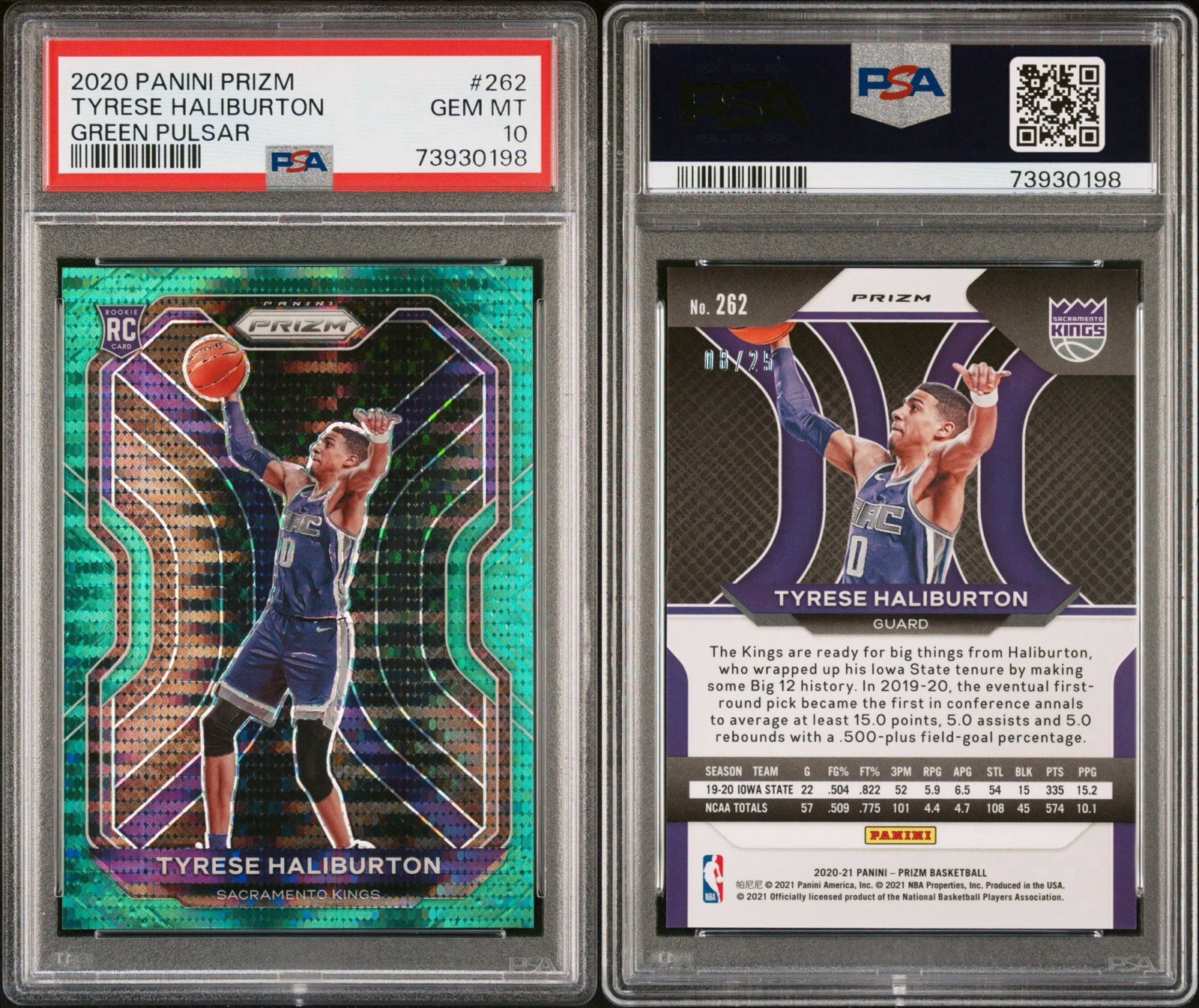 2020 panini prizm tyrese haliburton rc #262 - green pulsar - 8/25 - psa 10