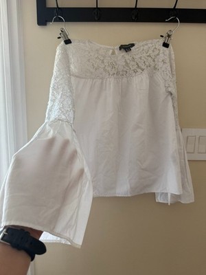 White Bell Sleeve Floral Lace Eyelet Detail Off The Shoulder Blouse Womens 2