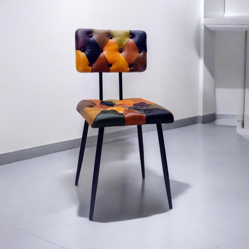 Retro Patchwork Leather Dining Chair – Mid Century Modern Style with Padded Seat - Picture 8 of 13
