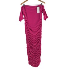 NEW Club L London Dress Womens 16 Pink Bardot Ruched Draped Bodycon Midi 132576