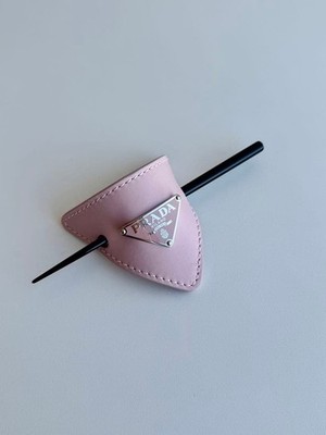 PRADA Leather Hair Clip Pink Triangle Logo Hair Pin Headband