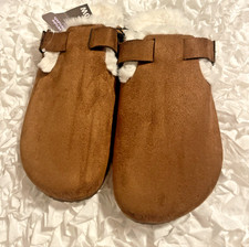 Womans-Size 9/10-Brown Faux Suede Slip-On Slippers Fur Lined Comfort Buckle