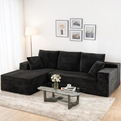 Black Striped Corduroy L-Shaped Sectional Sofa with Chaise Lounge