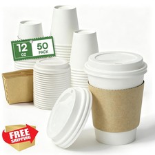 Finepak 50 Pack 12 oz White Coffee Cups Lids Sleeves