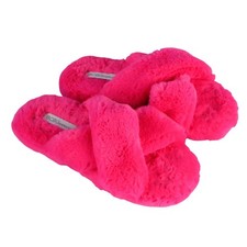BCBG BCBGeneration PINK PLUSH FAUX FUR SLIPPERS SHOES Slides Cross-Strap XL