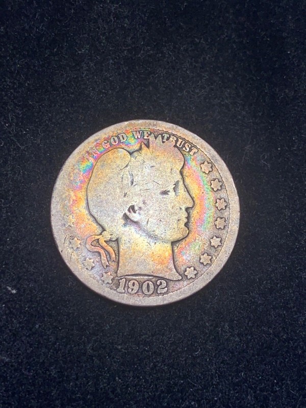 1902-P Silver Barber Quarter 25c, Colorful Rainbow Album Toning