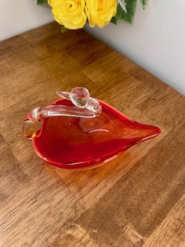 Hand Blown Glass Swan Dish Vintage Red Orange Bowl with Clear Neck Mid Century - Picture 3 of 6