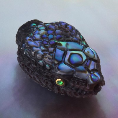 Snake Head Bead Carving Paua Abalone, Black Pinna Shell & Emerald Gem Eyes 4.52g