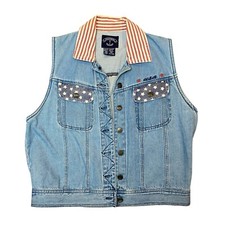 USA Stars Stripes 4th of July Denim Vest Button Up Patriotic Red White Blue M