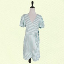 Draper James RSVP Wrap Dress S Green Stripe Linen Blend Puff Sleeve Ruffle