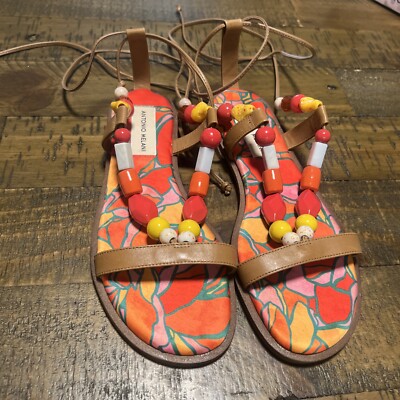 Antonio Melani Loola Beaded Leather Ankle Wrap Flat Sandals