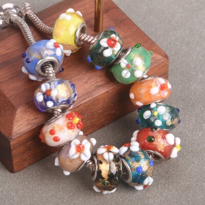 5pcs 15x9mm Round Flower Patterns Handmade Murano Lampwork Glass Big Hole  Beads