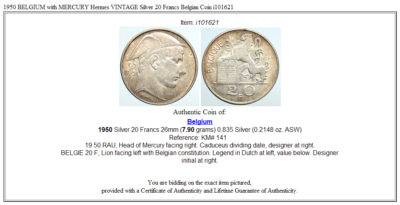 1950 BELGIUM with MERCURY Hermes VINTAGE Silver 20 Francs Belgian