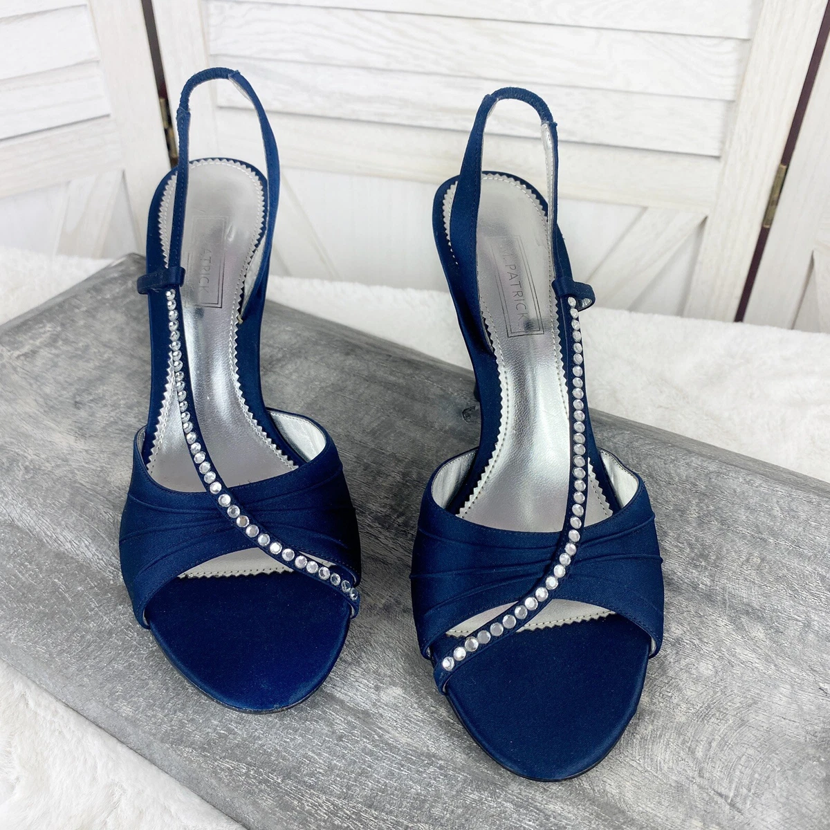 M. Patrick Satin Rhinestone Strappy Open Toe Heels Blue Womens 7