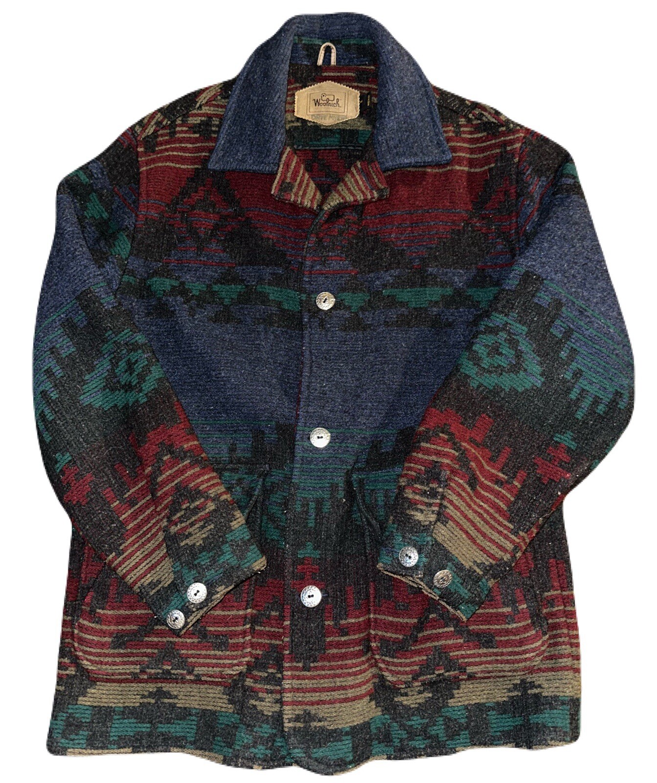 Rare Vintage 90s Woolrich Aztec Multicolor Chore Coat Wool Button Jacket Sz M