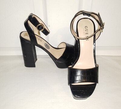 Guess Black Faux Leather Ankle Strap Platform Block Heel Sandals
