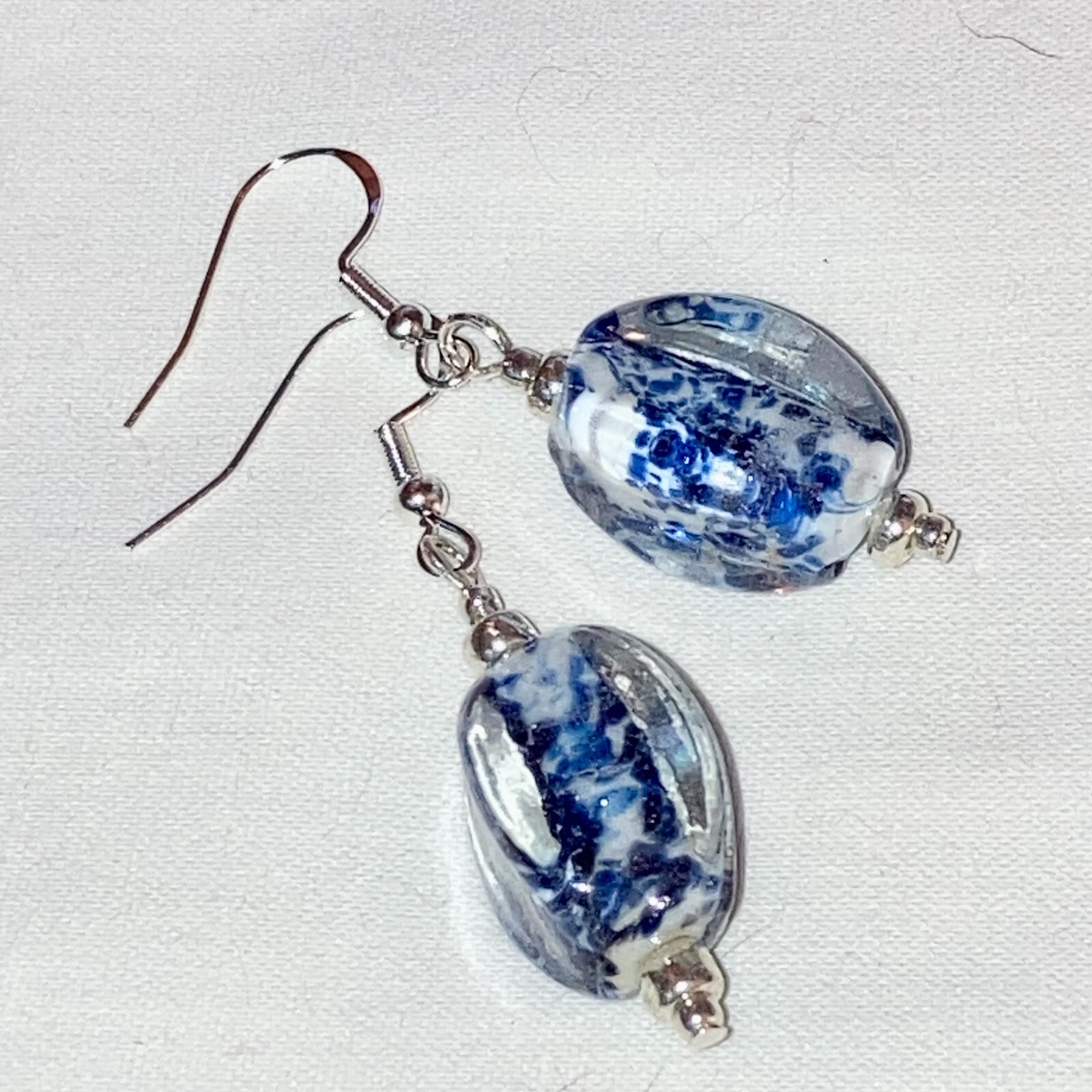 Clear Navy Blue Confetti Lampwork Glass 925 Silver Handcrafted Artisan Earrings