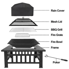 32" Metal Firepit Backyard Patio Garden Square Stove Fire Pit With Cover Outdoor