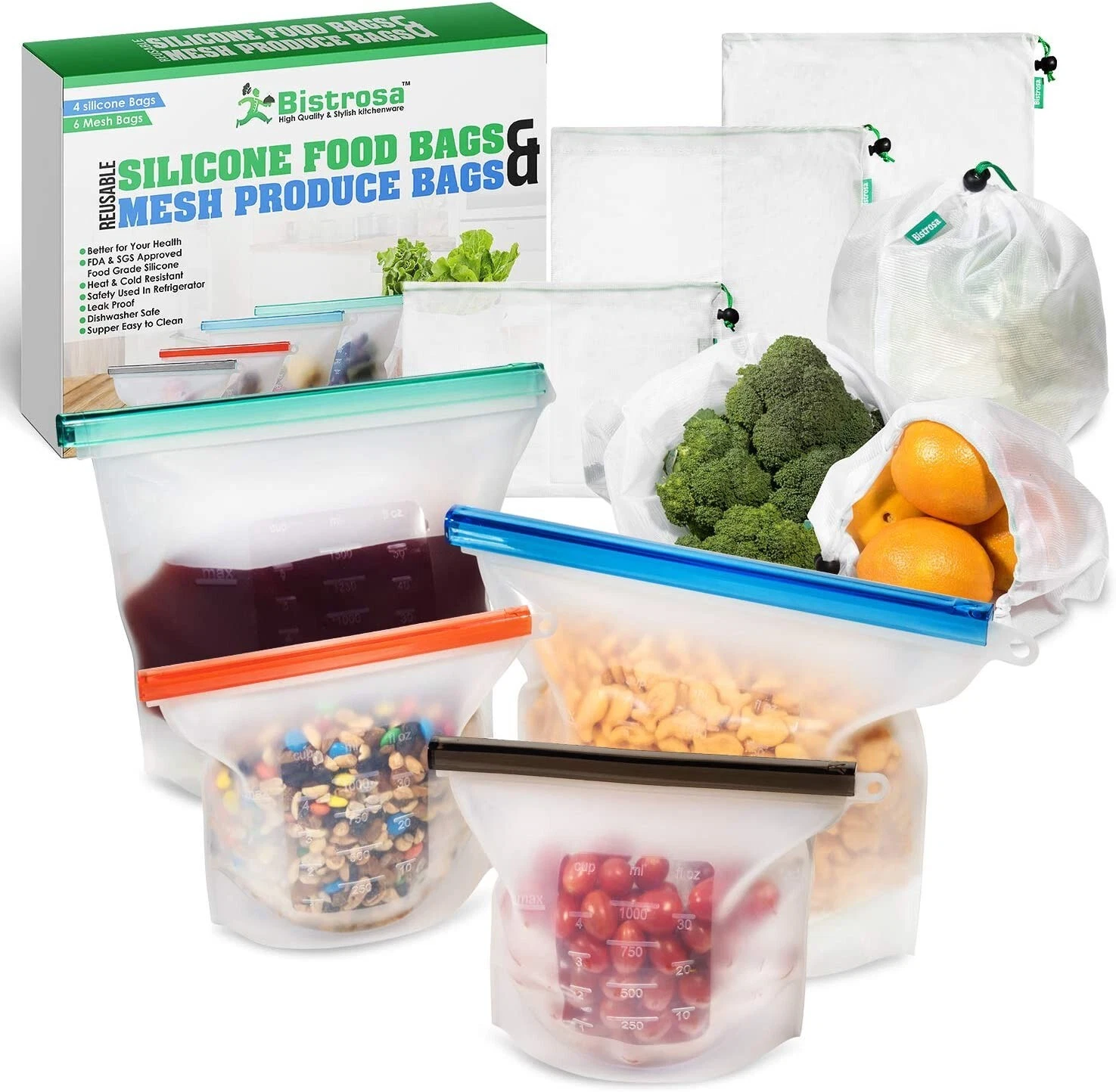 Set of 10 Reusable Silicone Food Bags & Mesh Produce Bags Color-coded, Leakproof
Opens in a new wind