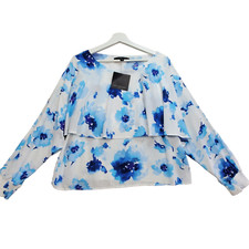 Marc New York Blouse Top Women's Medium White Blue Floral Flowy Long Sleeve