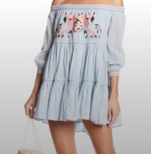 FREE PEOPLE Sunbeam Mini Dress Blue Embroidery Smocked Off Shoulder $148 XS