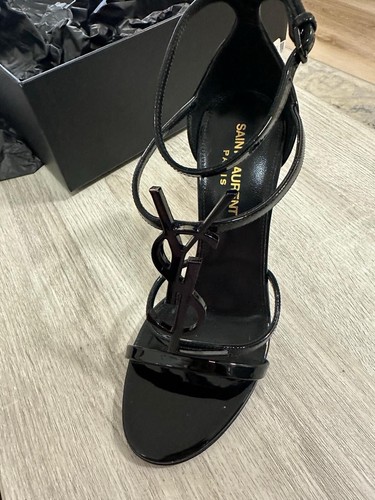 SAINT LAURENT "Cassandra" YSL monogram patent leather stiletto sandals 37 EU - Picture 6 of 13