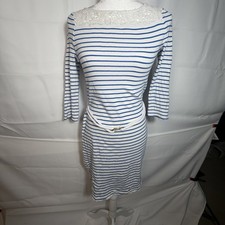 RALPH LAUREN White Blue Stripe Cotton Belted Lace Yoke Dress Petite Small Preppy