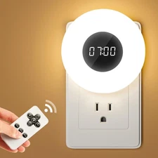 Kids' Nightlights with Clock & Remote, 3 Color Dimmable Plug-In Night Light, Aut