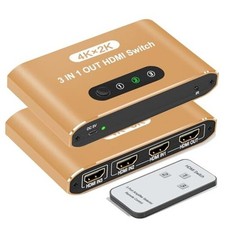 HDMI Switch 3 in 1 Out, 4K 60Hz HDMI Splitter with Remote Control, 3 Ports Gold