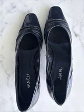 VANELI Vintage Women's Pumps Heels Navy Patent Leather Shoes Mesh Cut-outs 7.5M